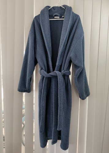 Linum Home Textiles  Unisex L/XL Heavy Turkish Robe Blue Herringbone Cotton