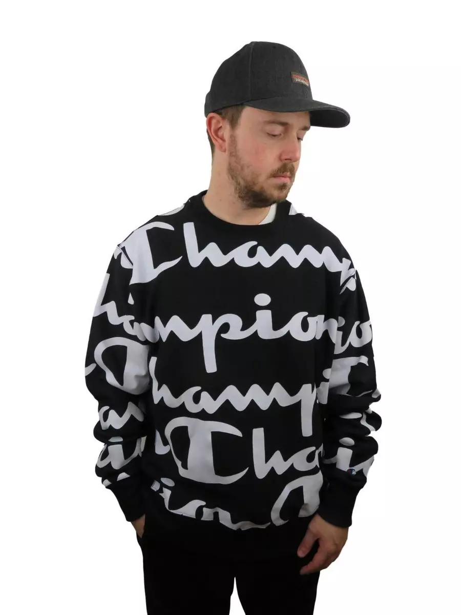 New Champion Men's Reverse Weave All Over Print Sweatshirt XL Black White Script