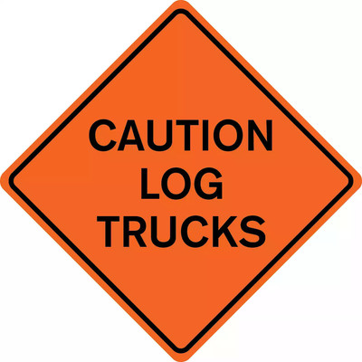 RUNR36-SO CAUTION LOG TRUCKS 36˝ x 36˝ High Visibility Orange Warning Sign