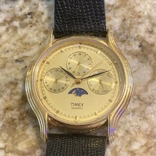 Timex Triple Calendar Day Date Moonphase Military Time Gold Plated Watch