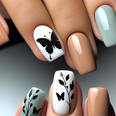 24Pcs Leaves Fake Nail Square Press on Nail False Nail Tips Artificial Nail