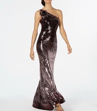 Vince Camuto sequin gown sparkling dress train ombré flower one shoulder floral