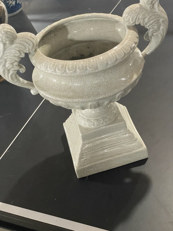 Urn Planter 15.25in. H Aged White Cast Stone Fiberglass Handles Traditional
