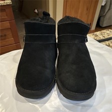 BEARPAW PAWZ Black Suede Ankle Boots Faux Fur Lined Buckle Kid s Size 3