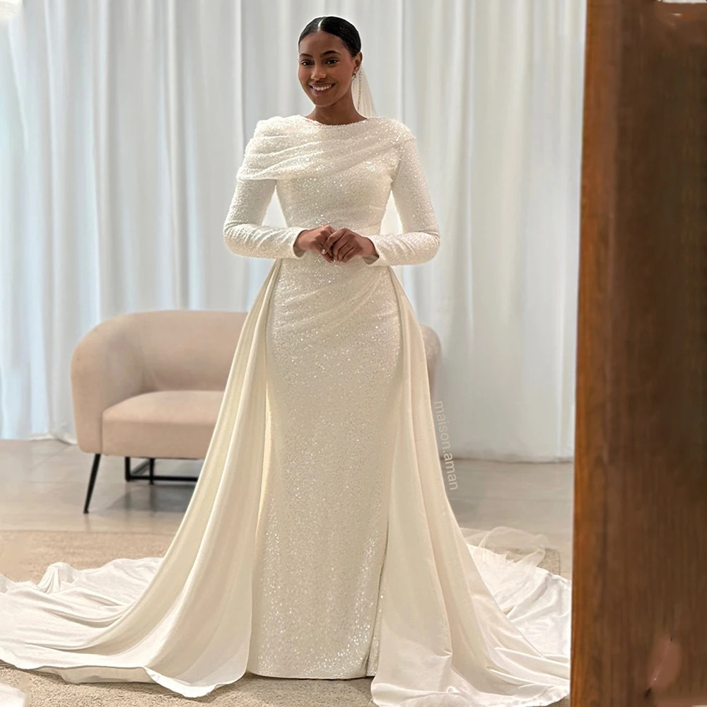 Shiny Beaded Sequined Long Sleeves Sheath Wedding Dresses With Detachable Tail | eBay Shiny Beaded Sequined Long Sleeves Sheath Wedding Dresses With Detachable Tail | eBay