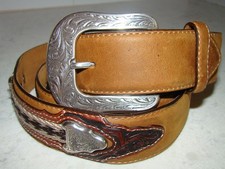 Justin THE WESTERNER Mens 42 Tooled Leather Aztec Concho Belt C11414