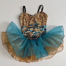Dance Costume Short Dress Adult Small Blue Gold Straps Sequins