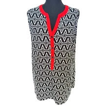 Multiples Womens XL Sleeveless Blouse Top Black White Geometric Red Trim