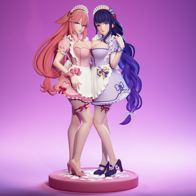 Raiden Shogun and Yae Miko Figure Resin from Genshin Impact Printed Statue