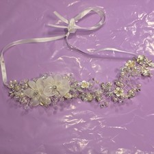 Bridal Floral Pearl Crystal Metal Headband with Ribbon Tie, White/Silver