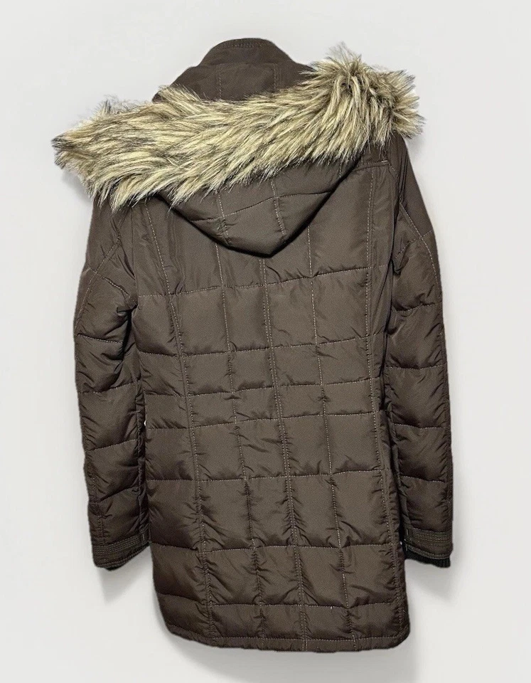 ABERCROMBIE & FITCH Women's Down Puffer Quilted Brown Faux Fur Hood Coat Large - Image 2 of 4