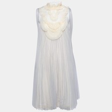 Prada Light Grey Plisse Organza Jabot Detail Dress M