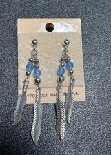NOS Vintage Hypo-Post Earrings - Silver Tone Feather Double Drop - Made in USA