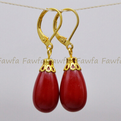 Charming 10x18mm Coral Red Drop Shell Pearl Dangle 18K GP Leverback Earrings