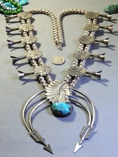 30" COCHITI Kingman TURQUOISE Sterling Silver WARRIOR 186gm Squash Blossom