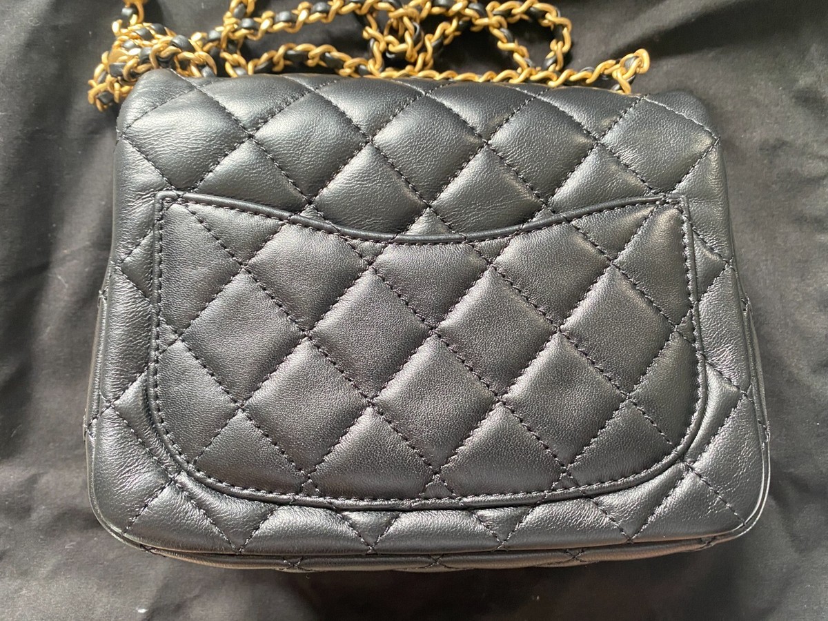 CHANEL Black Mini Square Pearl Crush Gold Ball Lambskin Flap Bag