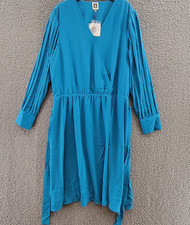 Anne Klein Pleated Long Sleeve Wrap Dress Women's XL Teal Ocean Belted V-Neck