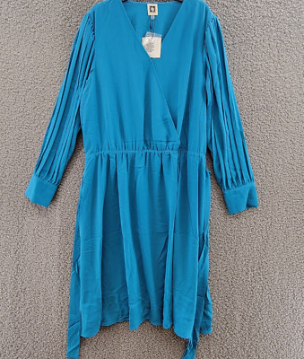 Anne Klein Pleated Long Sleeve Wrap Dress Women's XL Teal Ocean Belted V-Neck