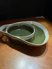 Stoneware individual soup and cracker bowl olive green/drip Pottery Serve ware