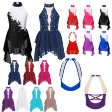 Kids Girls Lyrical Dance Dress Ballet Dancewear Sparkle Halter Neck Modern Dress