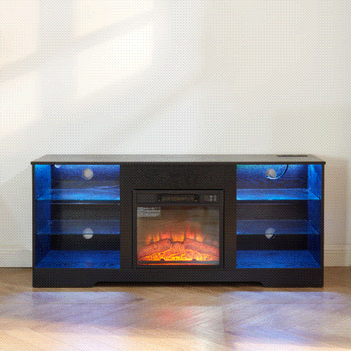 TV Stand Electric Fireplace TV Stand w/Glass Shelves,3D Fireplace TV Stand w/ - Picture 9 of 23