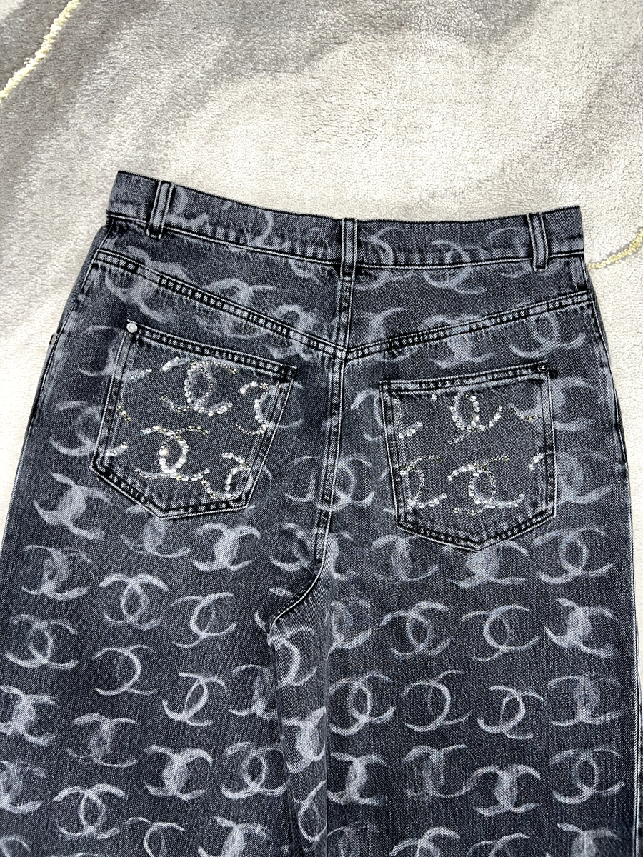 Chanel 23B Runway Black Denim White CC Printed Logo Baggy Chanel 23B Runway Black Denim White CC Printed Logo Baggy
