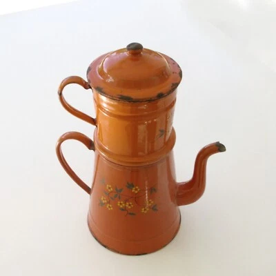 Très grand cafetière en tôle émaillée très ancienne orange peinte main - Photo 1/4