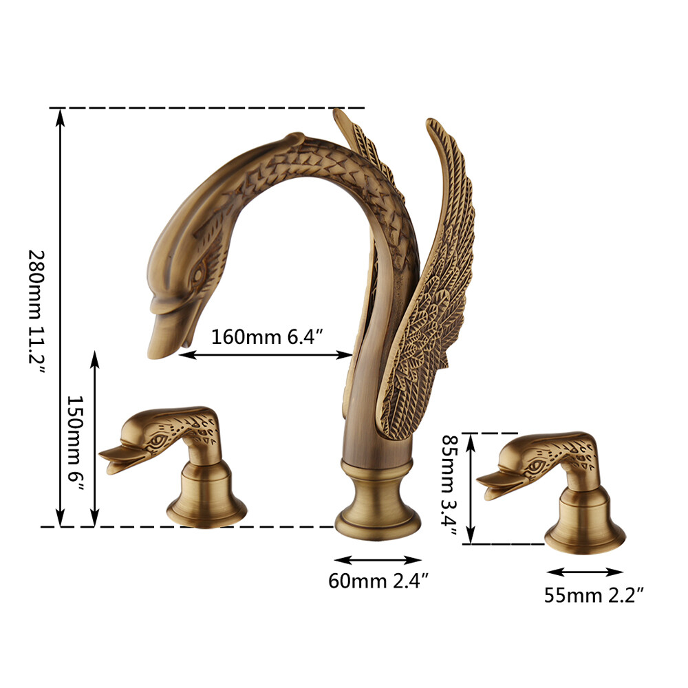 3PCS Antique Brass Swan Bathroom Sink Faucet Dual Handles Mixer