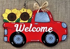 WELCOME Red SUNFLOWER TRUCK SIGN Wall Art Door Hanger Plaque Country Wood Decor