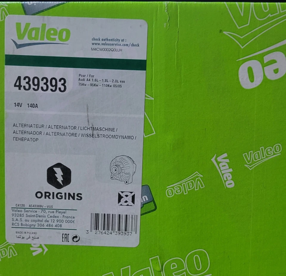 Alternador Valeo 439393 para Volkswagen Tiguan 2,0 L 2009-2017 ^ Foto 2 de 2