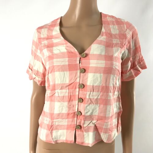 New Look Women Crop Top Size 2 Button Down Shortsleeve Plaid Check Pink White - Picture 1 of 5