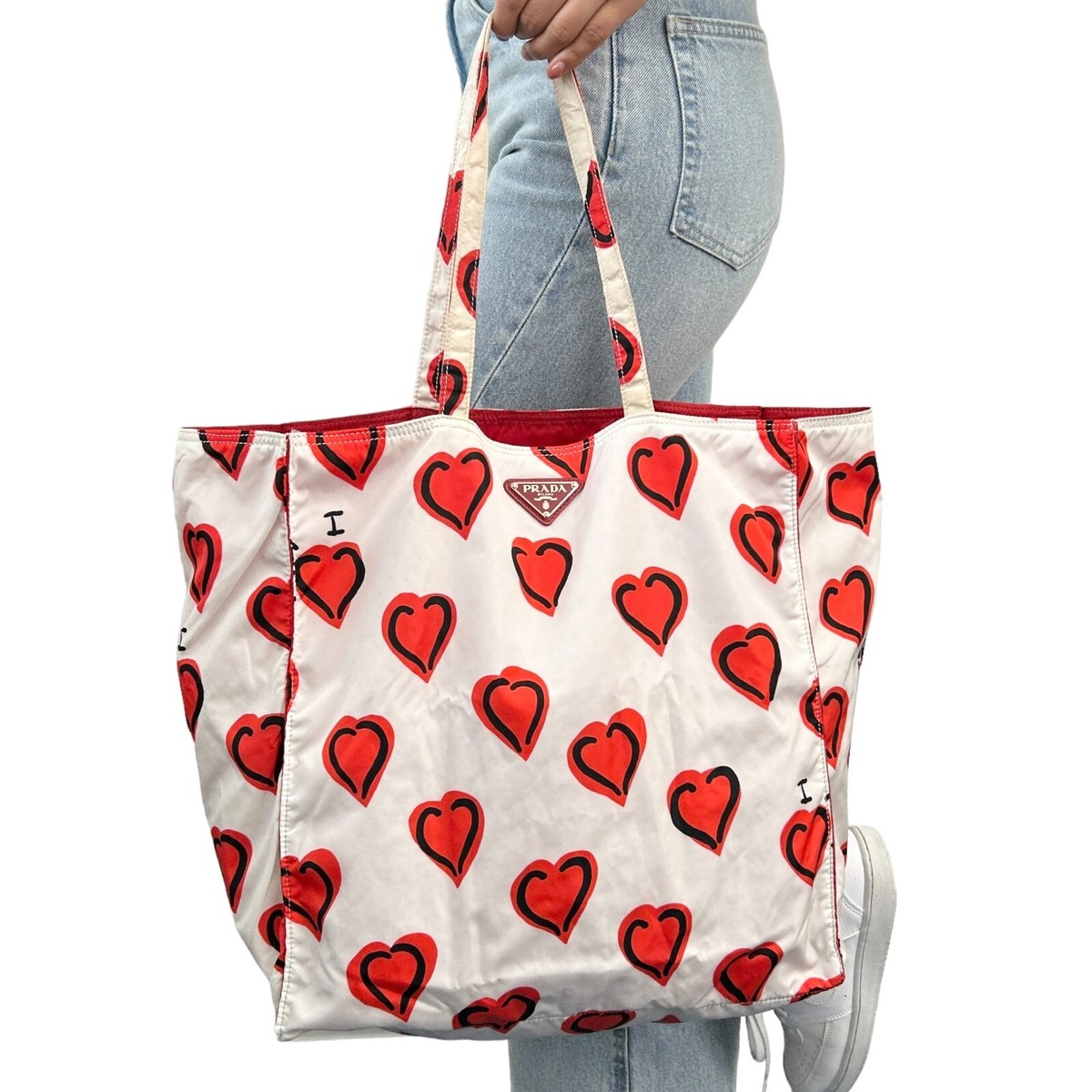 PRADA Vintage Logo Heart Pattern Tote Bag Handbag White Red Black