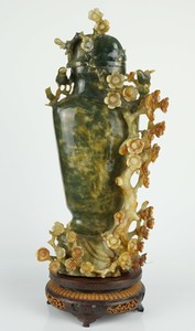 LARGE Chinese Jade Hardstone Carved Vase & Lid on Silver inlaid Wooden Stand