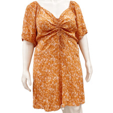 Cotton on Orange Floral Cinch Tie-Front Smocked Boho Dress Women's 16 Plus