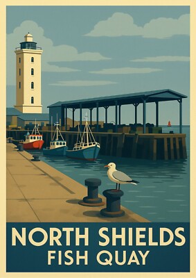 North Shields Fisch Kai Art Deco Reise Poster Stil ungerahmt Wandbild