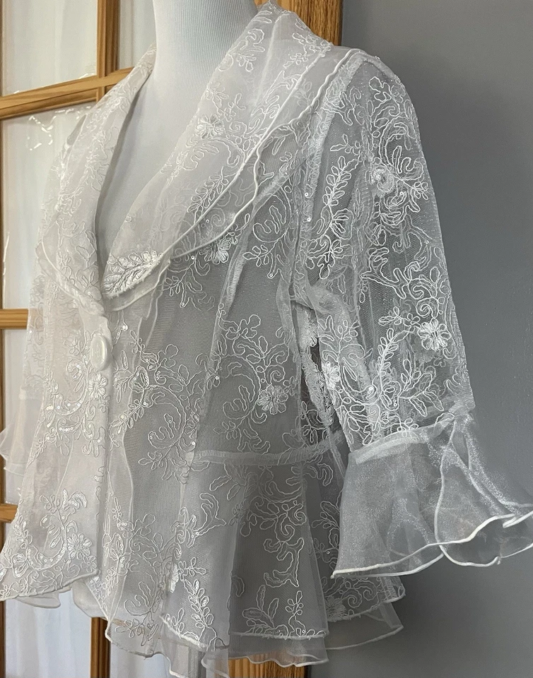 Vtg 60s Embroidered Floral Lace Peplum Blouse L USA Made White Formal Cocktail - Image 2 of 4