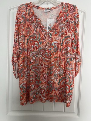 Kim Rogers 1X Paisley Smocked Tunic Blouse Orange Multi 3/4 Sleeve V-Neck