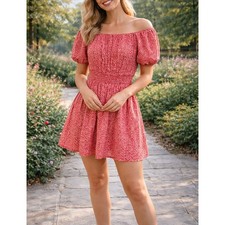 Old Navy Womens Red Floral Smocked Waist Puff Sleeve Mini Dress Medium Petite