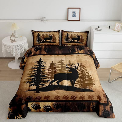 Cute Deer Comforter Set for Kids - Rustic Bear Paw Print Bedding 3Pcs Queen