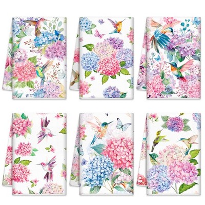 Oudain 6 Pcs Spring Kitchen Towels Decor Hydrangea Hummingbird, Pink, Purple 