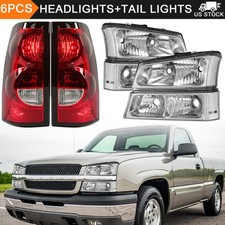 For 2003-2006 Chevy Silverado Chrome Housing Headlights Red Tail Lights 6pcs