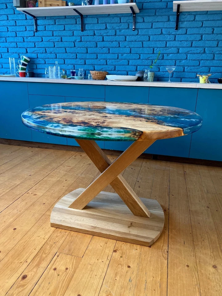 Ocean Epoxy Resin Kitchen Table | Round Dining Table | Burl Maple Live Edge Top - Image 4 of 4