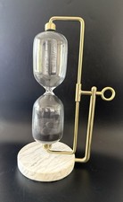 Vintage Hourglass White Marble Base, Brass Stand W/ Gold Tone And Charcoal Sand