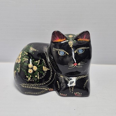  Vtg Black Laquer Cat Kitty Kitten Floral Painted Wood Figurine 