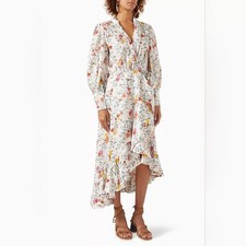 Zimmermann Floral Linen Wrap Dress Size Small | 100% Linen Ruffle Midi