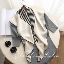 100 Silk Scarf Women Black White Striped Square Wrap Gift for Her 35"