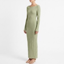 Shein Rafferiza Bodycon Maxi Dress Womens XS Green Lettuce Hem Flare Sleeve