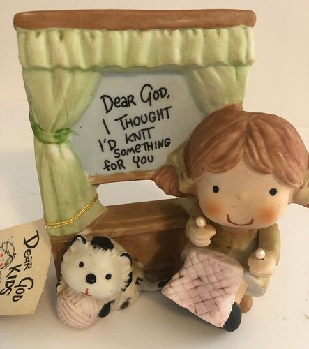 Vintage "Dear God Kids" Figurines, Set of 2, Cat/Knitting, Chalkboard Angel - Bild 2 von 9