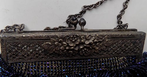 Antique Purple Blue Carnival Glass Beaded Purse Flapper Era Bag - Picture 6 of 6