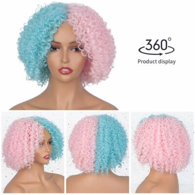 Half Blue Half Pink Curly Afro Kinky Curly Wig Bob Wigs Full Wig for Women Party